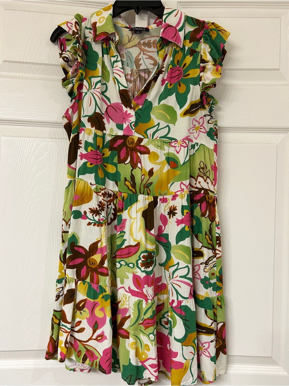 Vibrant Floral Tiered Mini Dress in Green & Pink